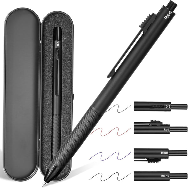 AUAUY 4 in 1 Multifunction Pen, Metal Cased Gravity Sensor Pen, 0.5mm 3 Color Ballpoint & Mechanical Pencil with Case