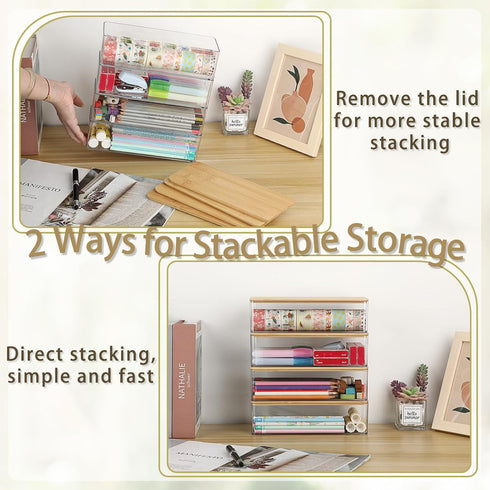 4 Pack BTSKY Clear Pencil Box with Bamboo Lids, Stackable Office Supplies Storage Containers, Hard Plastic Pencil Case