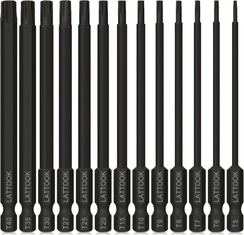 LATTOOK 13-Piece Torx Bit Set, Security Tamper Proof Star Bits Set, Magnetic S2 Steel, 4'' Long, T5 - T40