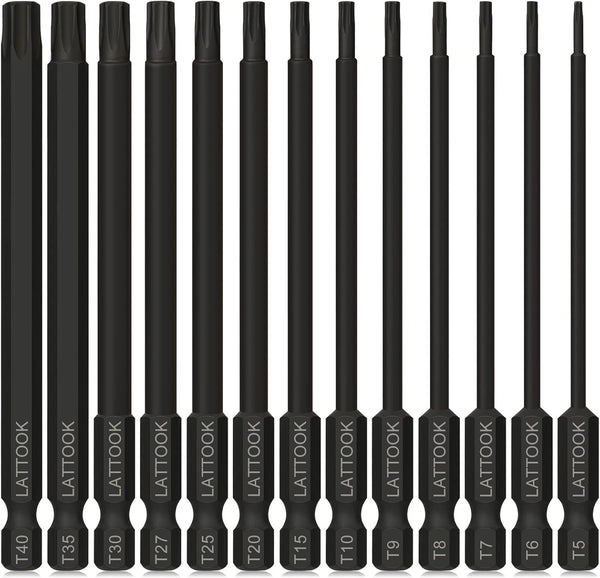 LATTOOK 13-Piece Torx Bit Set, Security Tamper Proof Star Bits Set, Magnetic S2 Steel, 4'' Long, T5 - T40