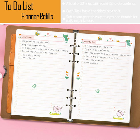 Rancco A5 Planner Inserts To Do List, 90 Pages Colorful 6-Ring Loose-leaf Refills with Binder Divider, Zipper Pouch,