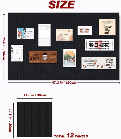 Large Felt Wall Tiles Cork Boards - 47"x35" Bulletin Board Tiles for Home Decor, 12-Pack, Black