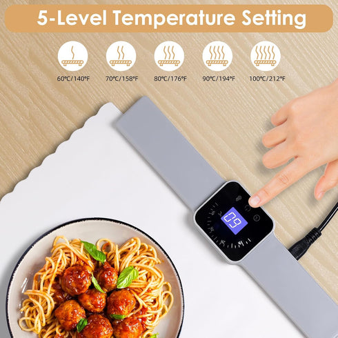 5 Settings, 4-Hour Food Warming Mat - Temperature Timer, Child Lock, Flexible Silicone, Easy Clean, Multi-Use, Perfect
