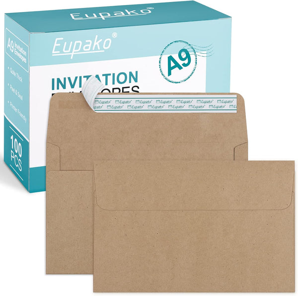 Eupako A9 Envelopes Self Seal - 100 Pack Brown Invitation Envelopes for Photos, Announcements, 5-3/4 x 8-3/4 Inches