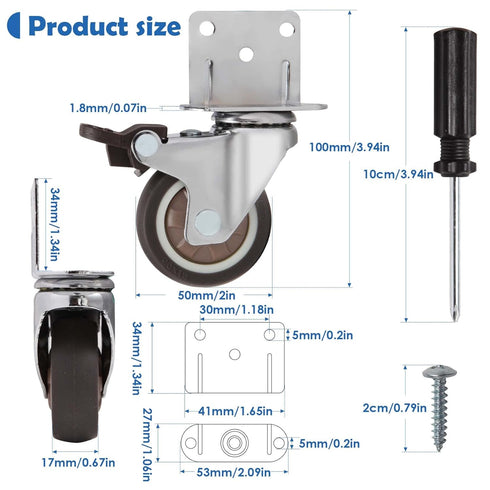 W B D WEIBIDA Side Mount Casters Wheels, 2 Inch L-Shaped Small Rubber Casters, Set of 4, Light Duty for Furniture