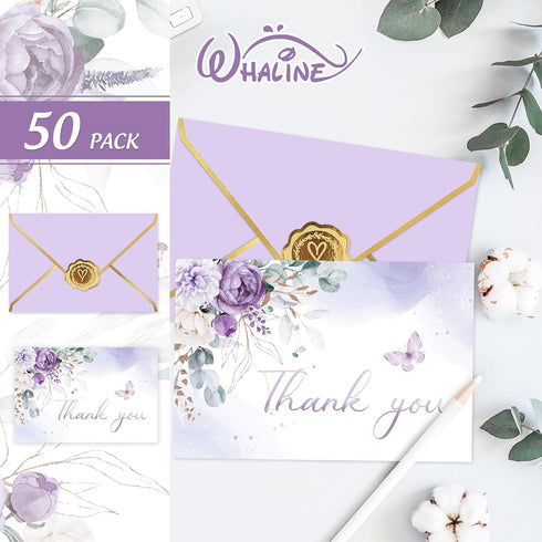 50 Pack 4 6 Inch Whaline Spring Purple Floral Thank You Card Lavender Flower Greeting Card with Envelope Sticker Blank