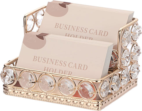 Hipiwe 2 Tiers Crystal Business Card Holder Stand, Gold Mirrored Display Stand for Office Countertop