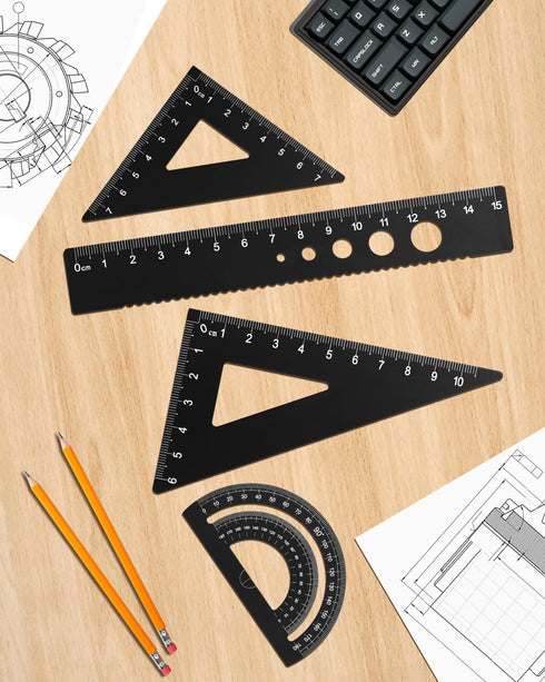 Set, 4 Honagu Triangular Ruler Pieces Aluminum Alloy Ruler, Metal Drafting Ruler, Geometric Protractor for Students