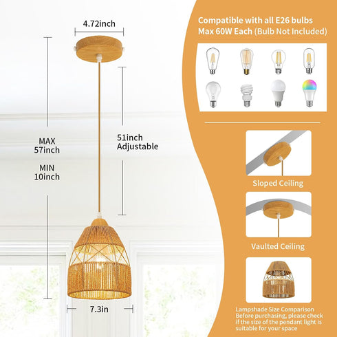 Boho Rattan Pendant Light Kitchen Island,Farmhouse Chandeliers Adjustable Height Hanging lamp for Dining Room,Kitchen