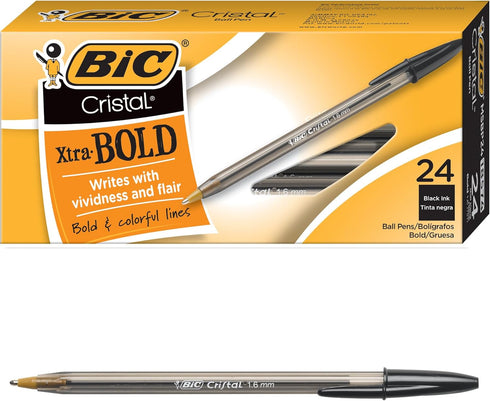 BIC Cristal Xtra Bold Ballpoint Pen, Bold Point 1.6mm, Black Ballpoint Pens, 24-Count