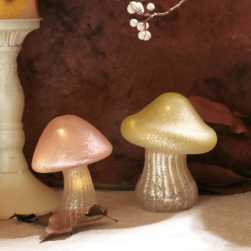 Glass Small Mushroom Table Lamp - Mushroom Night Light Battery Operated Warm Amber Glow Cute Bedside Lamp for Kids