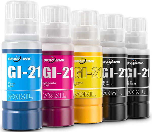 Spaceink GI-21 Ink Bottles 5 Pack Compatible for Canon MegaTank Printers (2 Black, 1 Cyan, 1 Magenta, 1 Yellow)