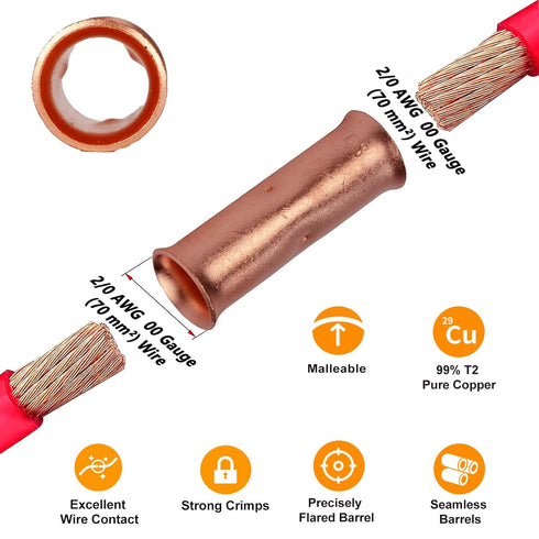00 Gauge Butt Splice Connectors, 10 PCS 2/0 AWG Non-Insulated Butt Connectors with 10 PCS 3:1 Heat Shrink Tube