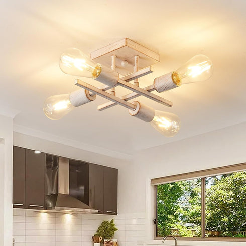 4-Light E26 Industrial Semi Flush Mount Ceiling Light Fixture, Modern White Gold Chandelier Lighting, Farmhouse Sputnik