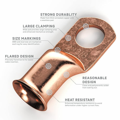 IWISS Copper Battery Lugs Assortment, 90PCS Cable Lugs for AWG 8, 6, 4, 2, 1/0 with Heat Shrink Tubes