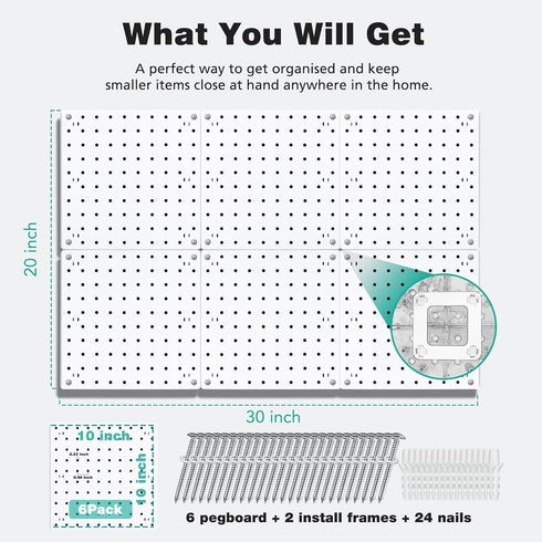 6Pcs Pegboard Wall Organizer Panels, Small Display Kits for Craft Room, Kitchen, Garage, Tool Accessories - White