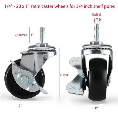 Hlyluoyi 2 Inch Set 4, 1/4"-20 Casters for Wire Shelving, Threaded Stem Caster Wheels of Stem with Brake, Heavy Duty