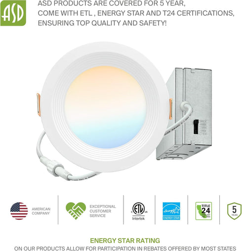 1 Pack 4 Inch 9W 757LM, 5CCT 2700K-5000K CRI90+, Dimmable T24, ASD Baffle Trim Recessed Light, LED Wafer Lights