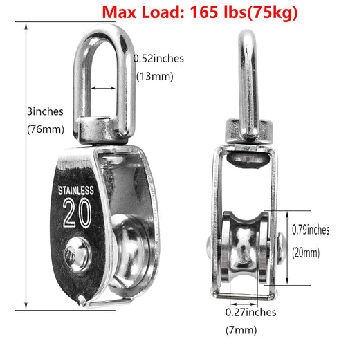 6Pcs 304 Stainless Steel M20 Single Pulley Block, Wire Rope Hanging Wheel with 6Pcs Spring Snap Hook