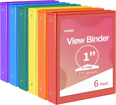 SUNEE 3 Ring Binder 1 Inch, 6 Pack Clear View PVC-Free Binders for School or Office Supplies, Classic 6 Colors