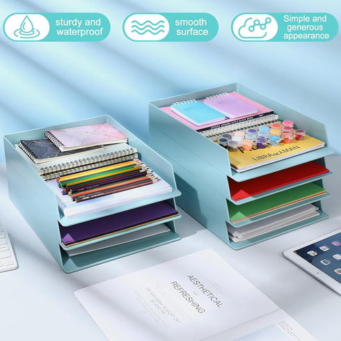 Tatuo 8 Pack Stackable Plastic Paper Trays, Desk Organizer for Classroom, Magazine File, and Documents (Blue Green)