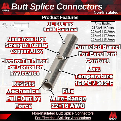 Morris Products 12104 Non-Insulated Butt Splice Connectors 22-16, 100-Pack