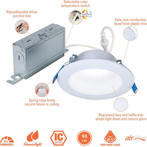 4 Dimmable 2700K-5000K, 650 LTC406FS5B HALO LT in Canless LED Recessed Light Indoor/Outdoor Ceiling Downlight, Wet