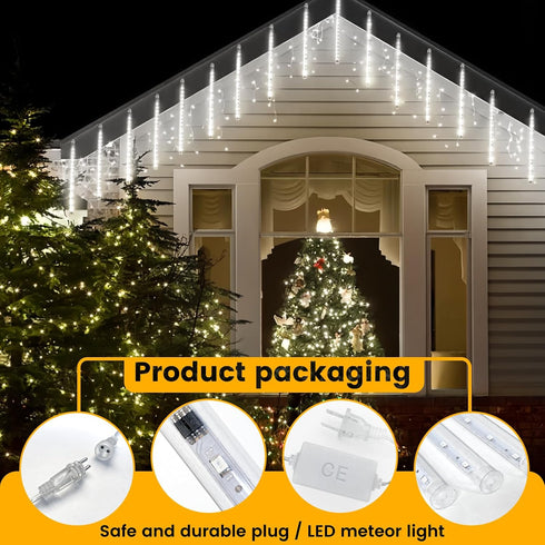 144LED 8 Meteor Shower Lights, White Holiday Outdoor Illumination with Tubes, Waterproof Hanging Display for Garden