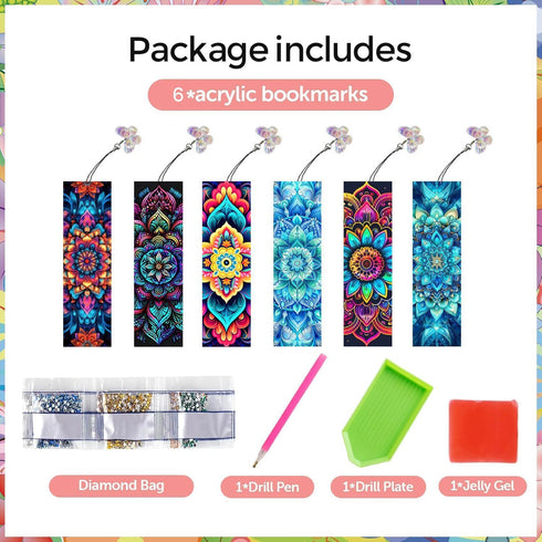 Puraikcmi 6 5D Set PCS DIY Diamond Art Bookmarks,Mandala Diamond Painting Bookmarks Kits with Tassels Acrylic