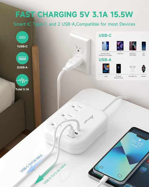 European Travel Plug Adapter, Alitayee EU/UK/US Travel Power Strip with 3 Outlets 3 USB Ports, International Universal