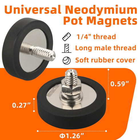 Magnets,1/4-20 115lbs Cover,4PCS MUTUACTOR Neodymium Pot Male Thread Anti-Broken Magnet Heavy Duty with Rubber