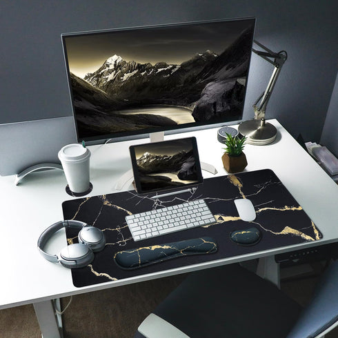 Bloss Gaming Mouse Pad Set, Non-Slip Desk Pad + Keyboard Wrist Rest + Mouse Wrist Support + Cup Coaster, Black Marble