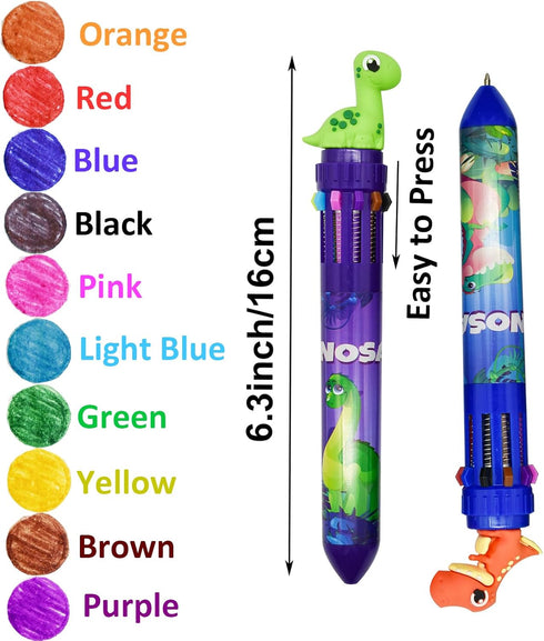 Maydahui 6 Pcs 10-in-1 Multicolor Dinosaur Pens, 10 Colors Shuttle Retractable Ballpoint Pens Fun Cartoon Dino Print