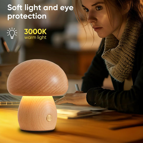 Wooden Mushroom Lamp, Portable Cordless Small Rechargeable Lamp, Stepless Dimming Night Light for Birthday Gifts.