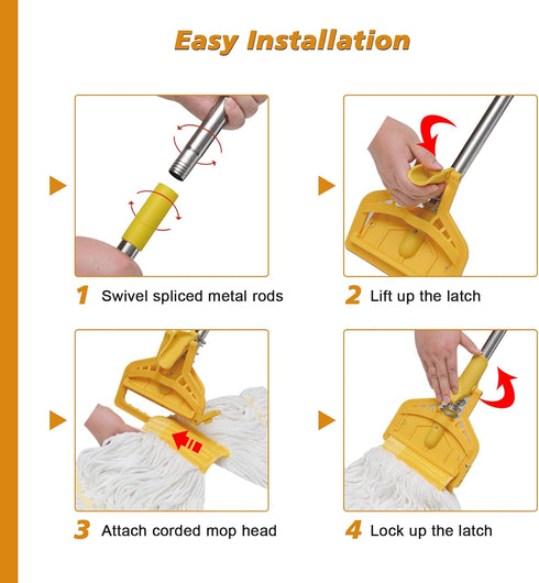 Commercial Mop Heavy Duty Industrial Cotton Mop, 61 inch Metal Mop Stick for Home, Garage, Office, 2 Pack