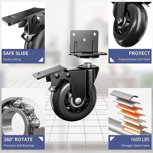 1600 LBSSet 4 Brake360 4inchs) Side Mount Plate Caster Wheels - Thickened L-Shaped Mounting Heavy Duty