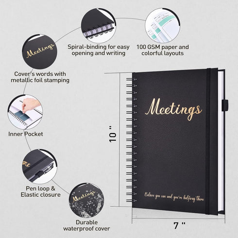JUBTIC Meeting Notebook for Work with Action Items, Note Taking and Agenda Organizer, Office Planner Supplies, Black
