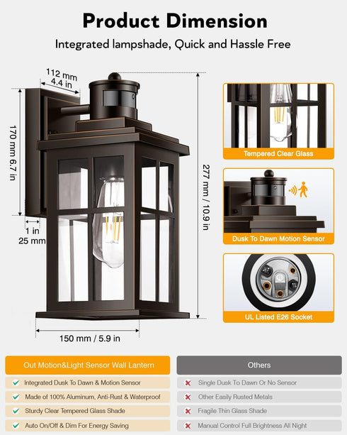 Distance-Adjustable Motion Sensor Outdoor Lights, Oil Rubbed Bronze Wall Mounting Porch Light, Waterproof Dusk to Dawn