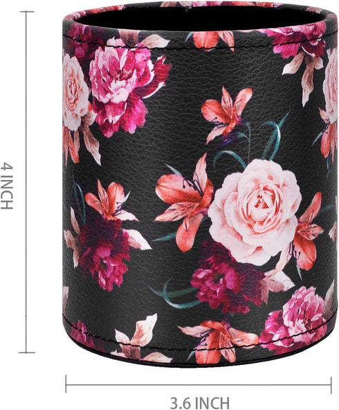 Pen Pencil Holder, WAVEYU Floral Flower Pattern Pen Cup Container, PU Leather Desk Organizer for Office Home Decoration