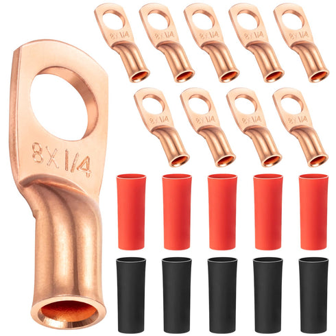Maxdot 10 Pack UL Test Wire Lugs - 8 Gauge Stud Ring Terminals, Heavy Duty Copper Crimp Lugs for Welding Cable, Bare