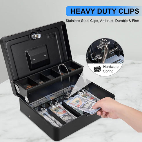 Cash Box with Key Lock on Top, 11.8L x 9.5W x 3.5H Inches, Durable Black Metal Money Box with Tray & 4 Bill Slots