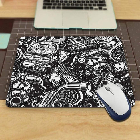 Gaming Mouse Pad with Automobile Car Parts Pattern, Monochrome Black and White Non-Slip Rubber for Computers