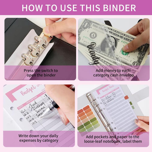 ALKKDPS A6 12 Budget Binder with Cash Zipper Envelopes, Cute Money Saving Binder, PU Leather Money Organizer, Cash