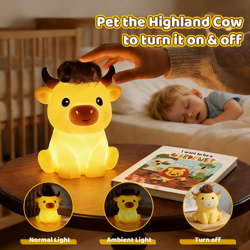 Dimmable 20 Amaredom Highland Cow Night Light, Cute Silicone Cow Lamp, Rechargeable LED Bedside Lamp with Minutes Timer