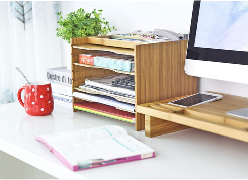 SONGMICS Bamboo File Organizer Paper Sorter with 5 Adjustable Shelves, Top Storage Compartments, Natural UOFS44Y
