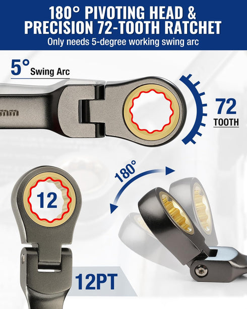 8-piece Set, 9-17 mm, 72-Teeth, WORKPRO Flex-Head Ratcheting Combination Wrench Metric Cr-V Constructed, Nickel Plating