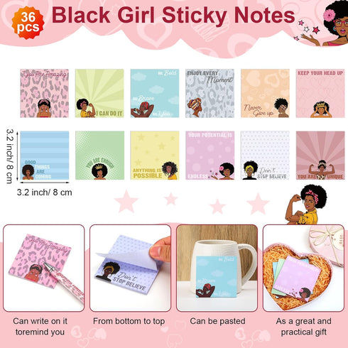 Yeaqee 72 Pcs Black Girl Sticky Notes with Motivational Pens, Inspirational Gifts Set for Women and Girls