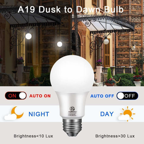2-Pack Bulb, 60 Equivalent(6W), 800LM, 5000K, E26 Bulb Energetic Dusk to Dawn LED Outdoor Light Watt Daylight Base