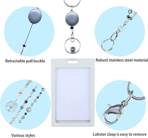 Hicarer 3 Pcs ID Badge Lanyard Necklace with ID Holder Clip, Stainless Steel Beaded Chain, Retractable Reel