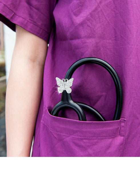 2 Pack Bling Butterfly Stethoscope Charms with Silvery Rhinestones for Doctor Nurse ID Name Tag